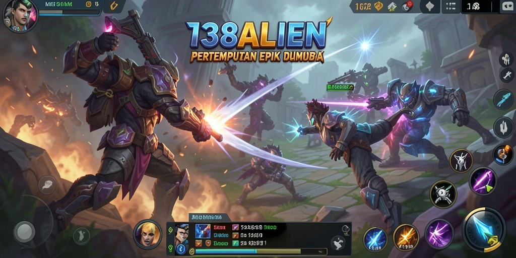 Screenshot gameplay intens di arena pertempuran MOBA.