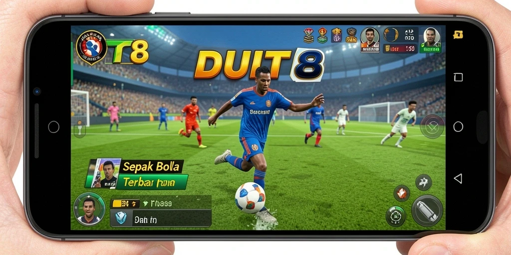 Tampilan gameplay menegangkan dalam DUIT8 dengan aksi sepak bola penuh semangat.