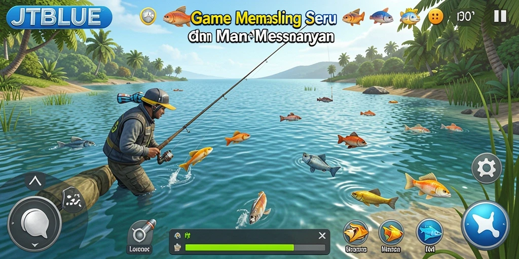 Screenshot JTBLUE menampilkan aksi memancing yang seru dan menengangkan.