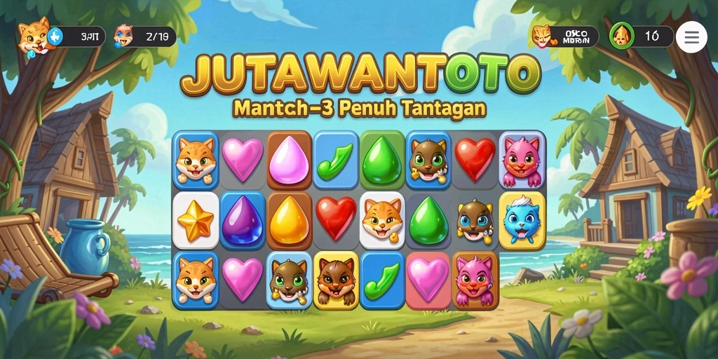 Tampilan gameplay menarik dari game Match-3 JUTAWANTOTO yang penuh warna.