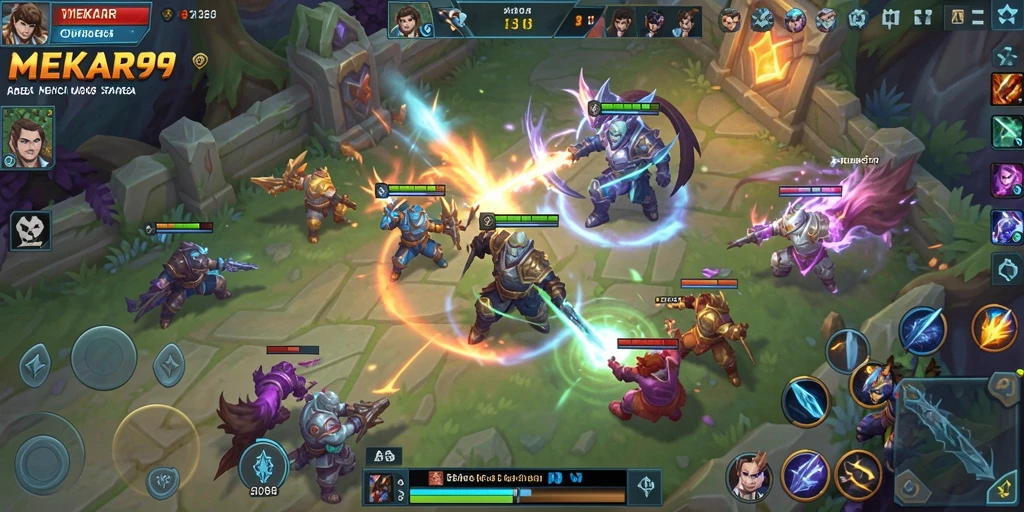Gameplay seru MEKAR99 dengan aksi MOBA yang mendebarkan.