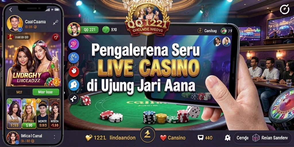 Screenshot gameplay QQ1221 menampilkan dealer langsung dan meja permainan.