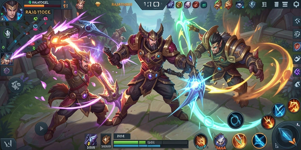 Tampilan gameplay seru di RAJATOGEL dengan aksi karakter MOBA.