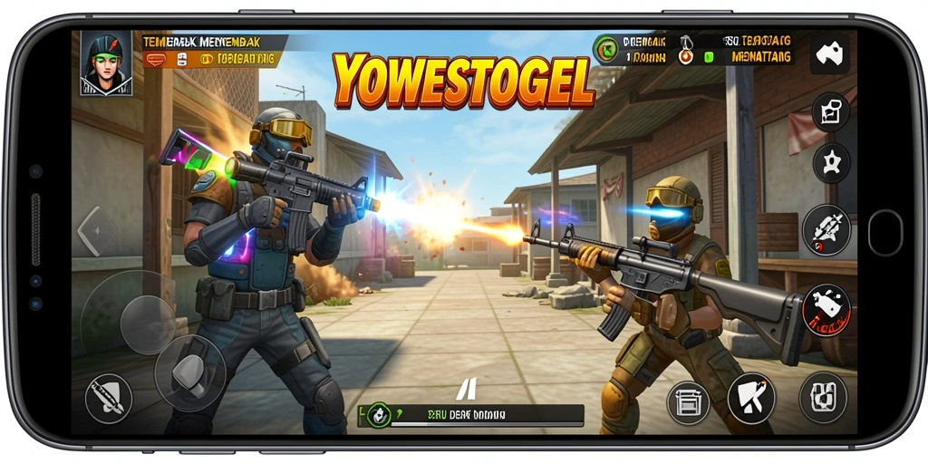 Tampilan keren dari gameplay YOWESTOGEL dalam aksi tembak menembak.
